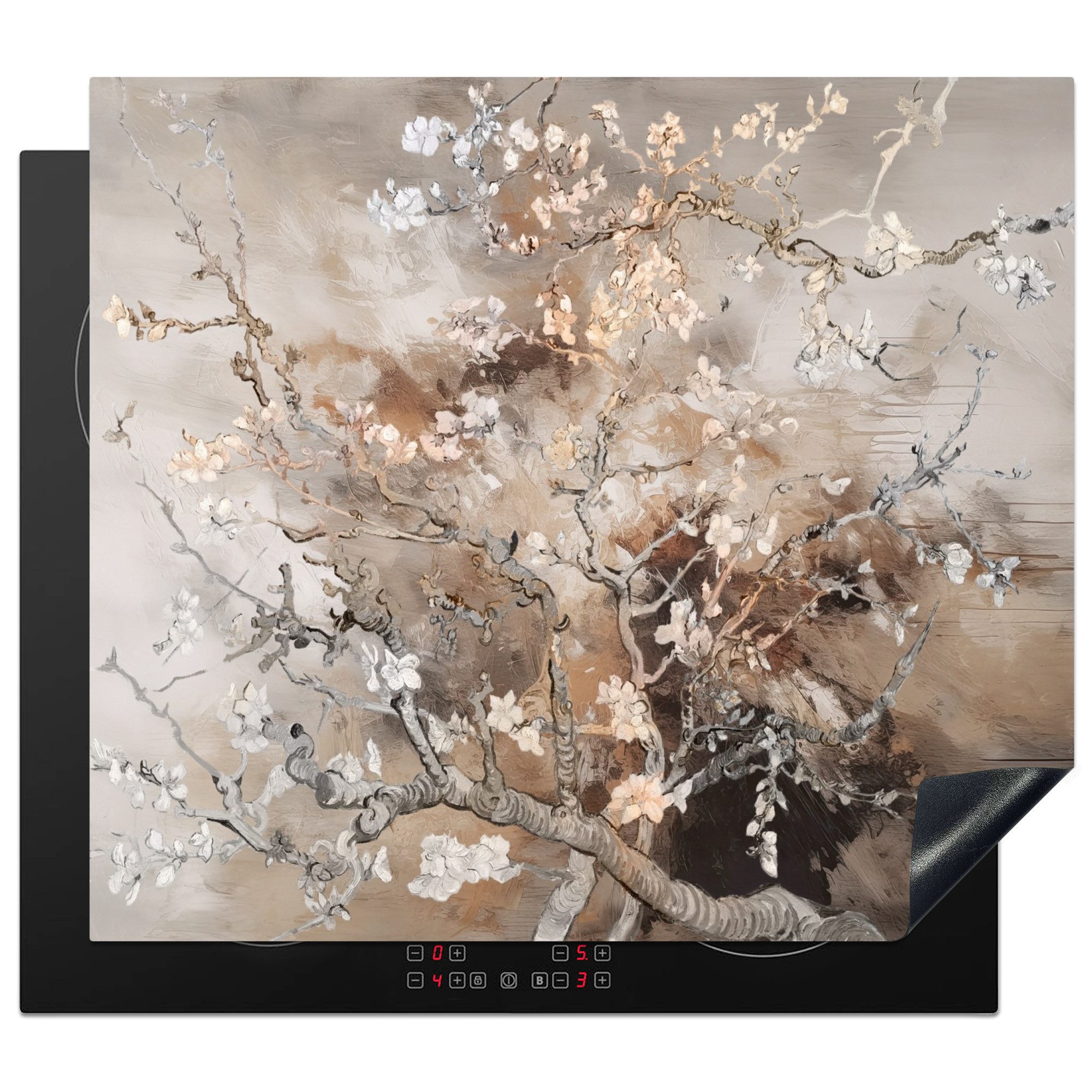 MuchoWow Herd-Abdeckplatte Mandelblüte - Van Gogh - Beige - Abstrakt, Vinyl, (1 tlg), Abdeckplatte für Ceranfeld, Herd Inductionsmatte, 60x50 cm