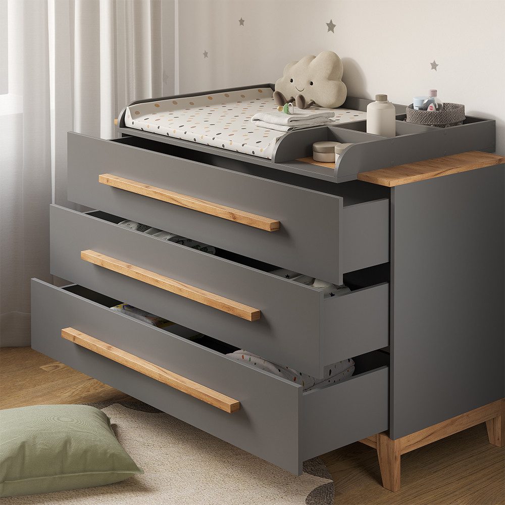 VitaliSpa® Wickelkommode Malia, Grau/Artisan/Artisan, 133.2 x 98 cm mit 3 Schubladen