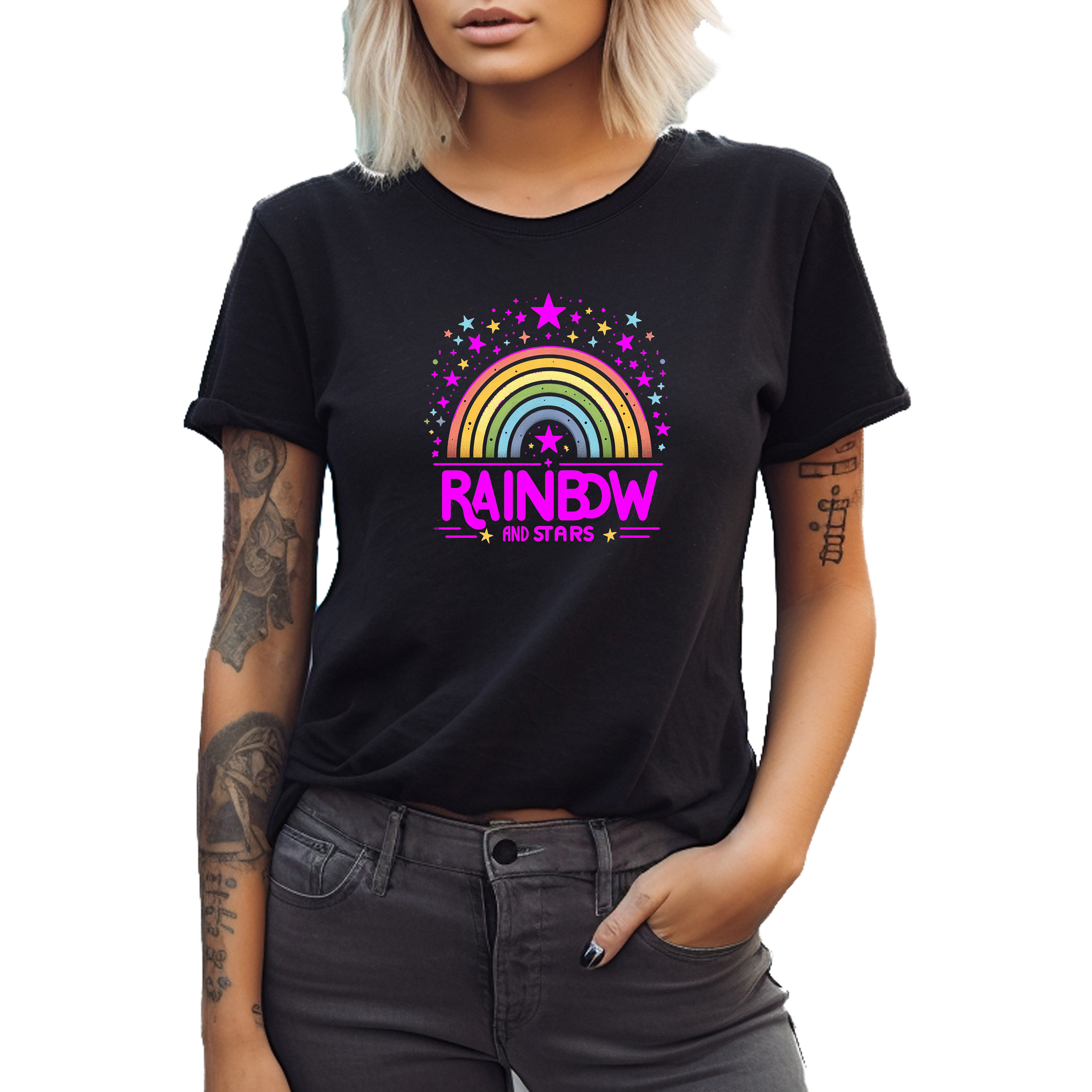 Banco T-Shirt Damen Kurzarm Rainbow Print Unifarben hochwertiger Print – Bild 2 von 4
