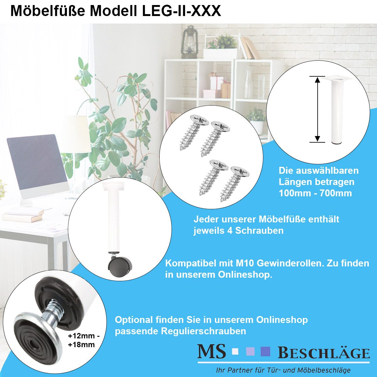 MS Beschläge Möbelfuß Rundes Möbelbein Weiß ø 30mm Möbelstütze Tischbein