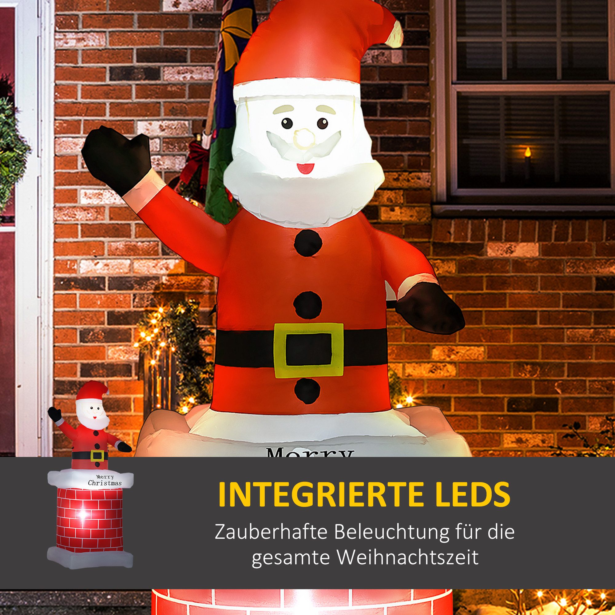 HOMCOM Weihnachtsfigur Weihnachtsdeko mit Schornstein beleuchtet Nikolaus mit LED Licht (aufblasbarer Weihnachtsmann, 1 St., Weihnachtsdekorationen), Mehrfarbig – Bild 4 von 5