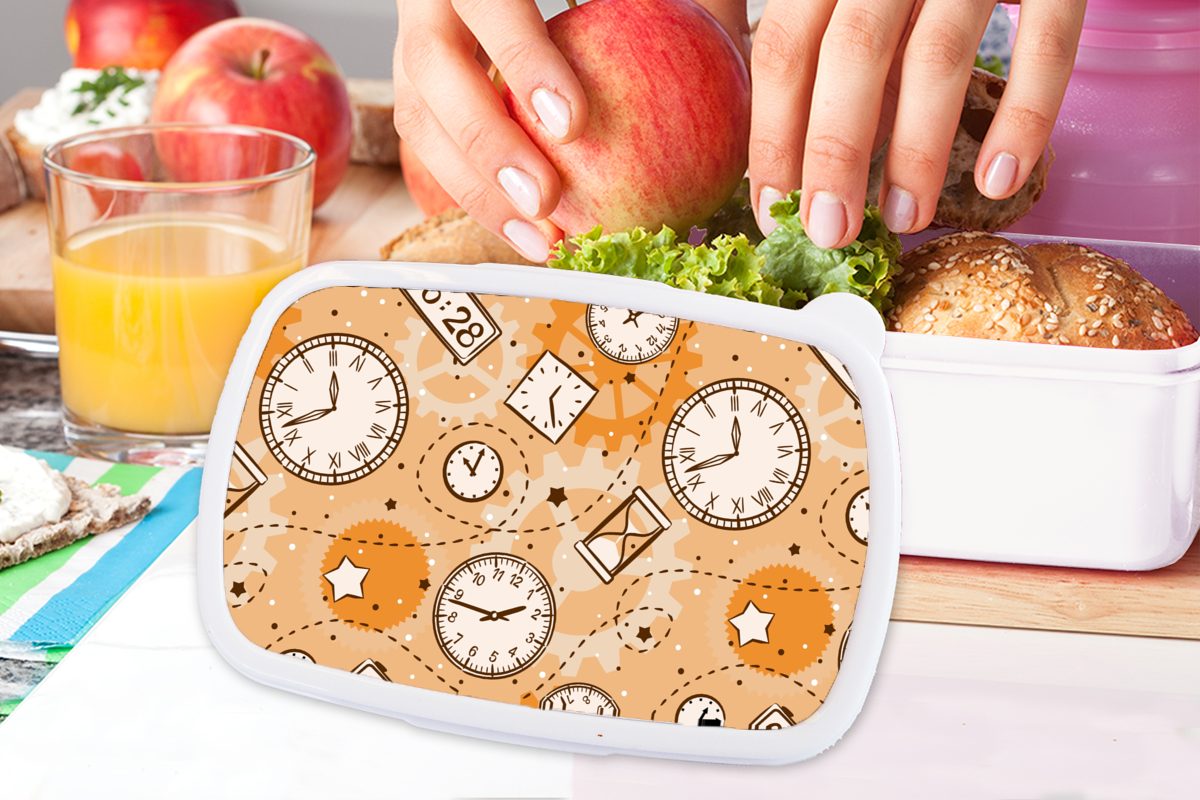 MuchoWow Lunchbox Muster - Uhr Sanduhr, Kinder Brotbox für und für Brotdose, und (2-tlg), Kunststoff, Mädchen Erwachsene, weiß Jungs 