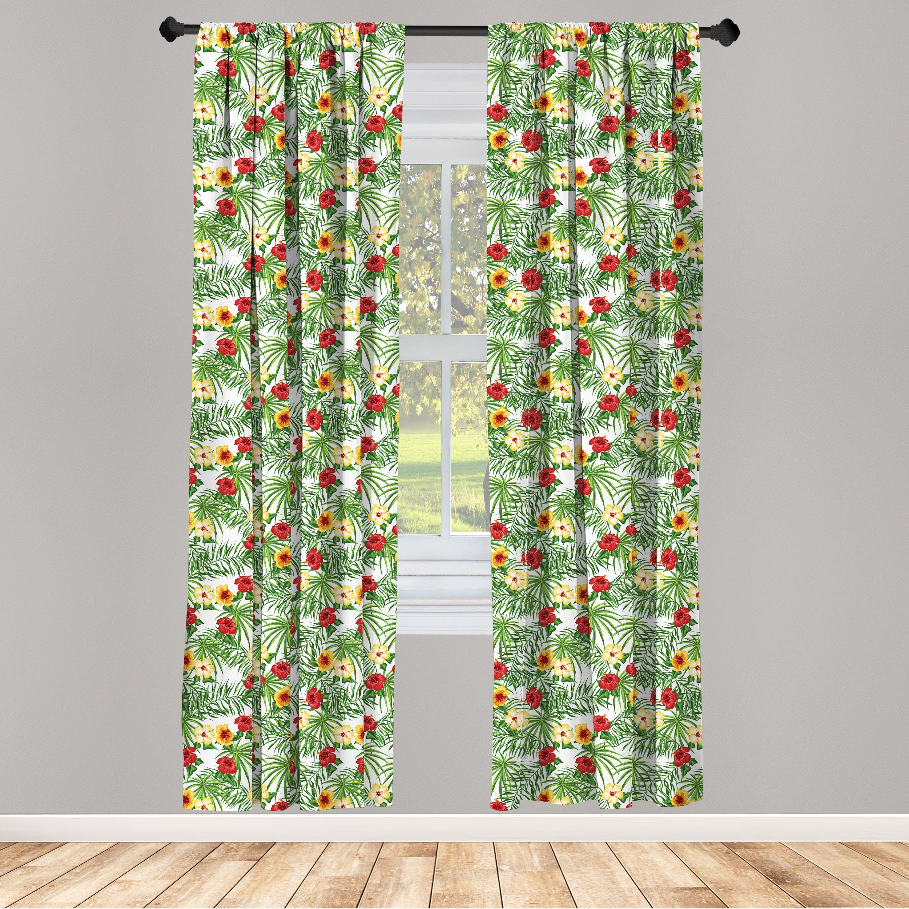Gardine Vorhang für Schlafzimmer Hibiskus Microfaser, Blumen Tropisch Dekor, Abakuhaus, Wohnzimmer