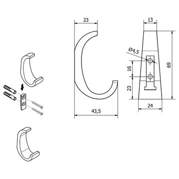 SO-TECH® Kleiderhaken Garderobenhaken VETRINO 6,9 x 2,4 cm, (1-St), schwarz matt inklusive Befestigungsschrauben und Dübel