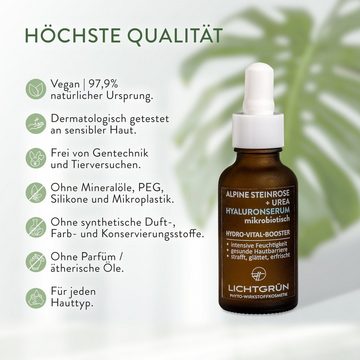 LICHTGRÜN® Hyaluron Serum 4fach 30 ml Mikrobiotisch, 97,9% Natürlich, Vegan, Parfümfrei, mit Hyaluronsäure, Urea, Bio-Steinrose, Probiotika, Hochverträglich