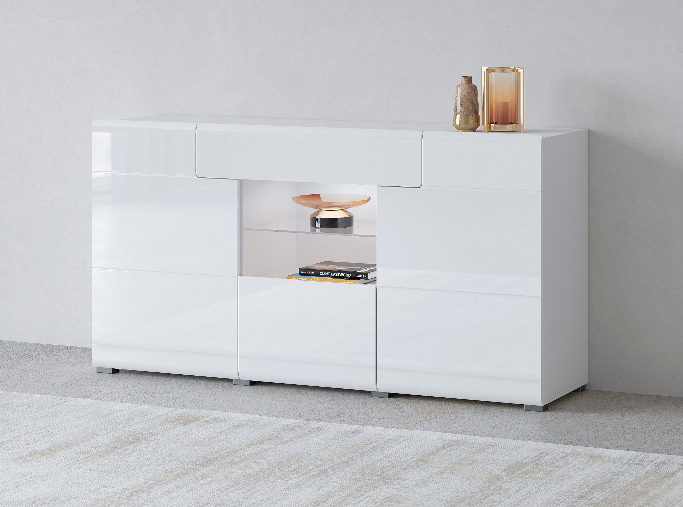 INOSIGN Sideboard Toledo,Breite 159cm,moderne Anrichte mit dekorative Fräsungen,grifflos, Kommode viel Stauraum, Einlegeböden verstellbar,ohne Beleuchtung