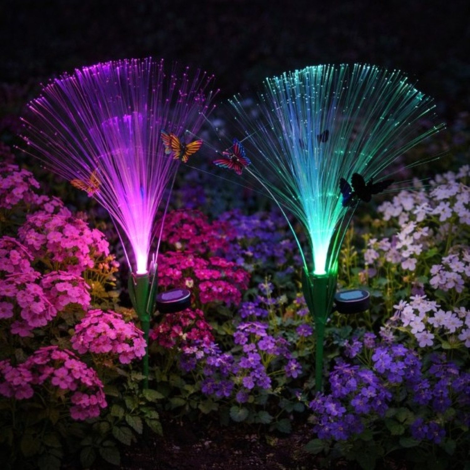 Online-Fuchs Gartenstecker mit LED-Solarbeleuchtung und bunten Schmetterlingen aus Metall (warmweiße Beleuchtung oder seichter Farbwechsel, 2er Set) farbenfrohe Dekoration für Garten, Terrasse und Balkon