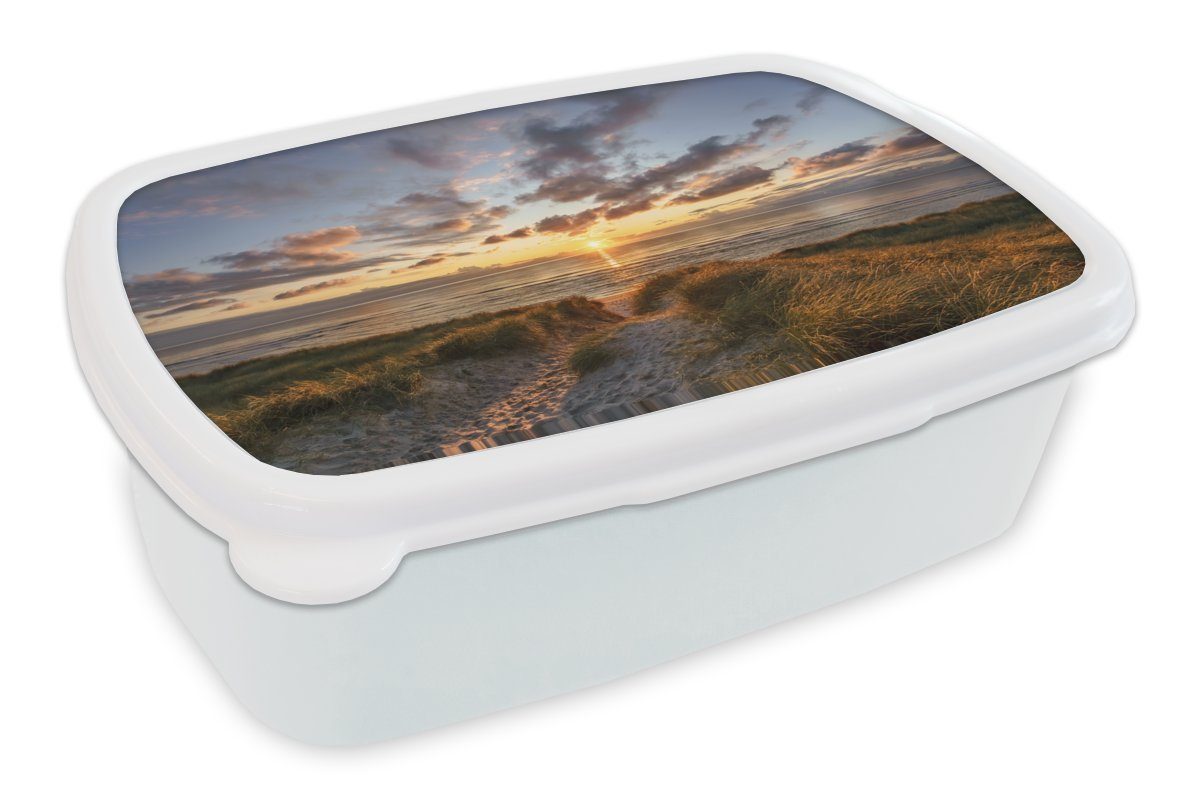 MuchoWow Lunchbox Farbenfroher Sonnenuntergang über den ruhigen Dünen, Kunststoff, (2-tlg), Brotbox für Kinder und Erwachsene, Brotdose, für Jungs und Mädchen weiß