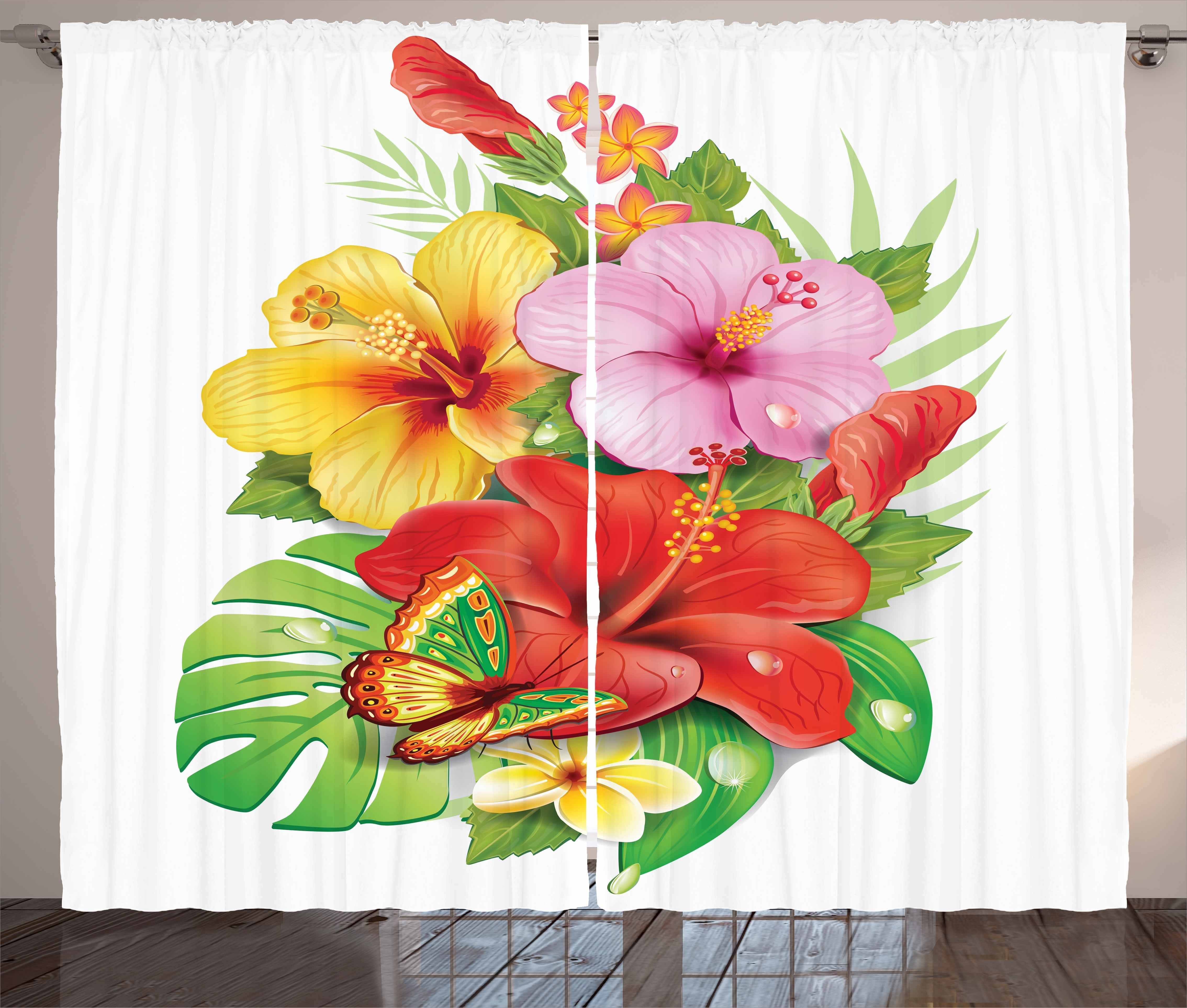 Abakuhaus, hawaiisch Vorhang Blooming Bunt Hibiscus Schlafzimmer und Haken, Gardine Kräuselband Schlaufen mit