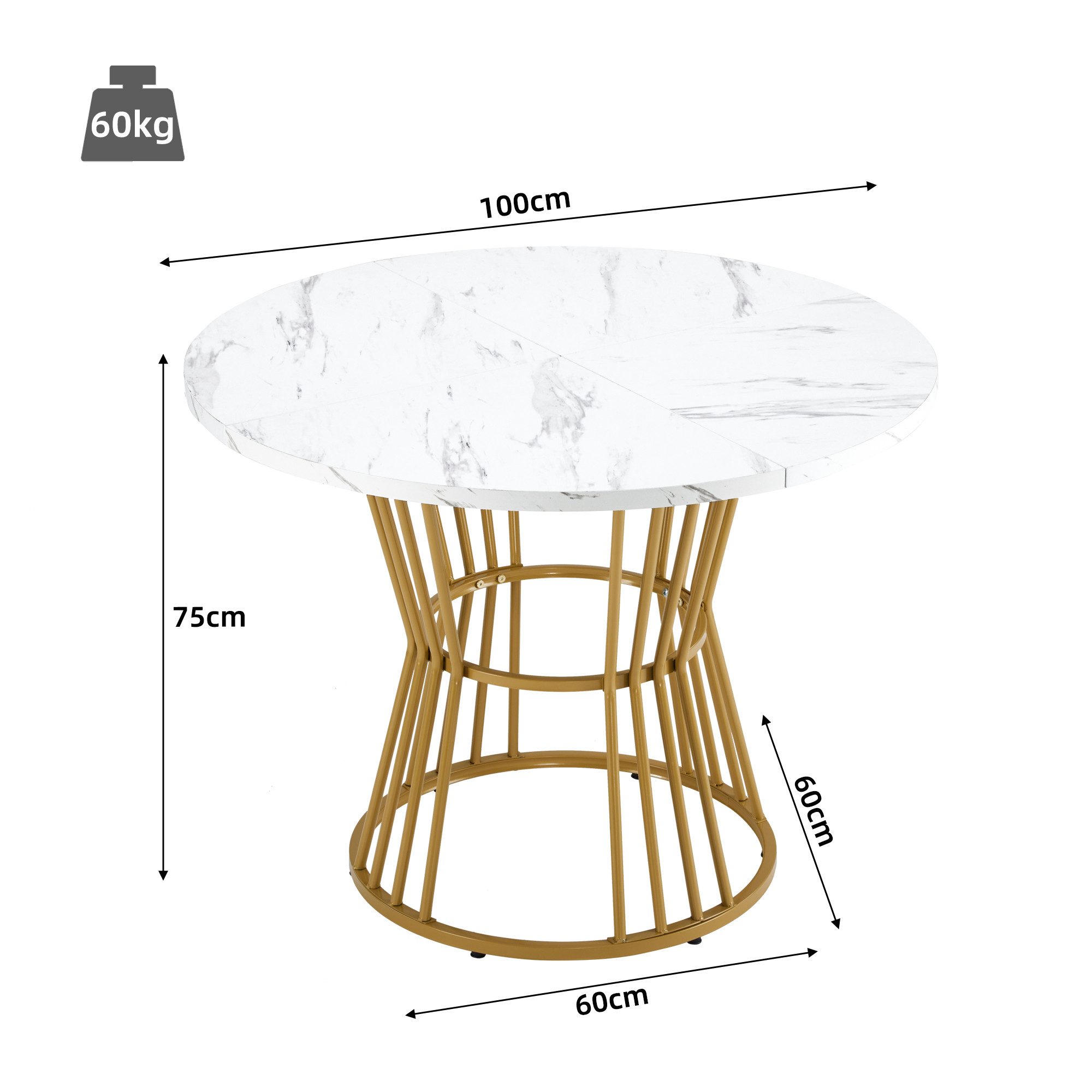 KLAM HOME Esstisch Weiß mit metallbein (1 stück), küchentisch, stabiler metallrahmen (moderne marmor - Oder esstische, frühstückstisch), geeignet für Esszimmer, Wohnzimmer