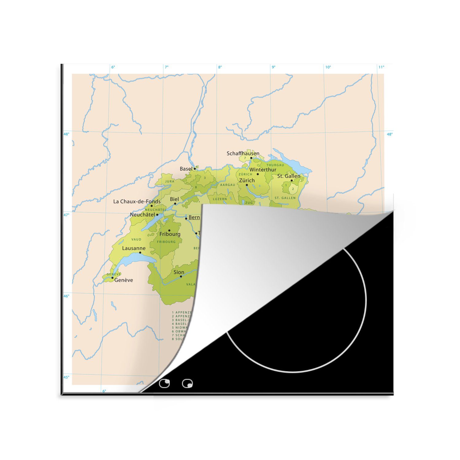 MuchoWow Herdblende-/Abdeckplatte Karte der Schweiz mit grünen Details, Vinyl, (1 tlg), 78x78 cm, Ceranfeldabdeckung, Arbeitsplatte für küche