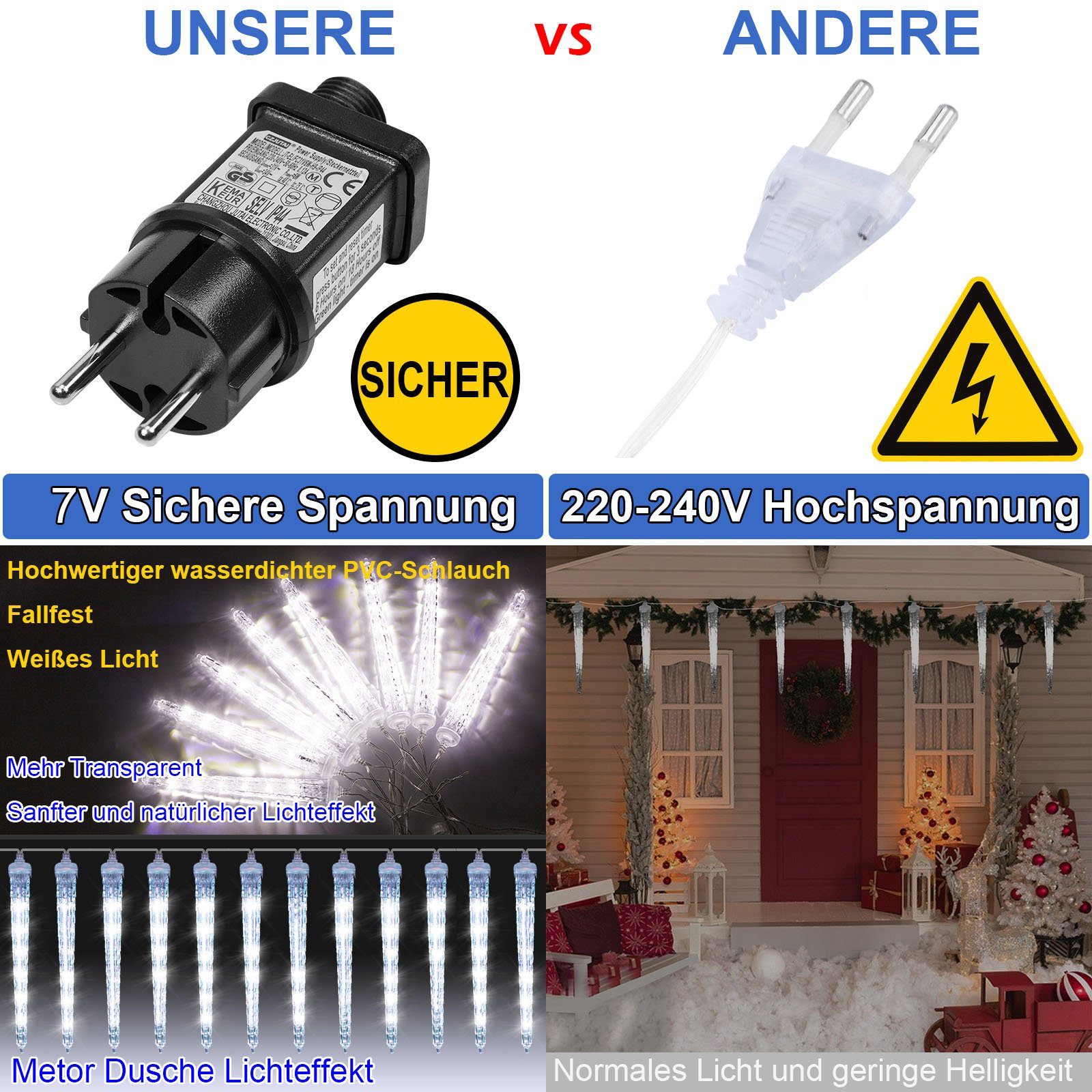 wasserdicht, Rosnek Weihnachten 96-flammig, Lichter; 8 LED-Lichterkette für Eiszapfen Bäume, LED Eiszapfen Traufe 2.8M, 7V, anschliessbar, mit