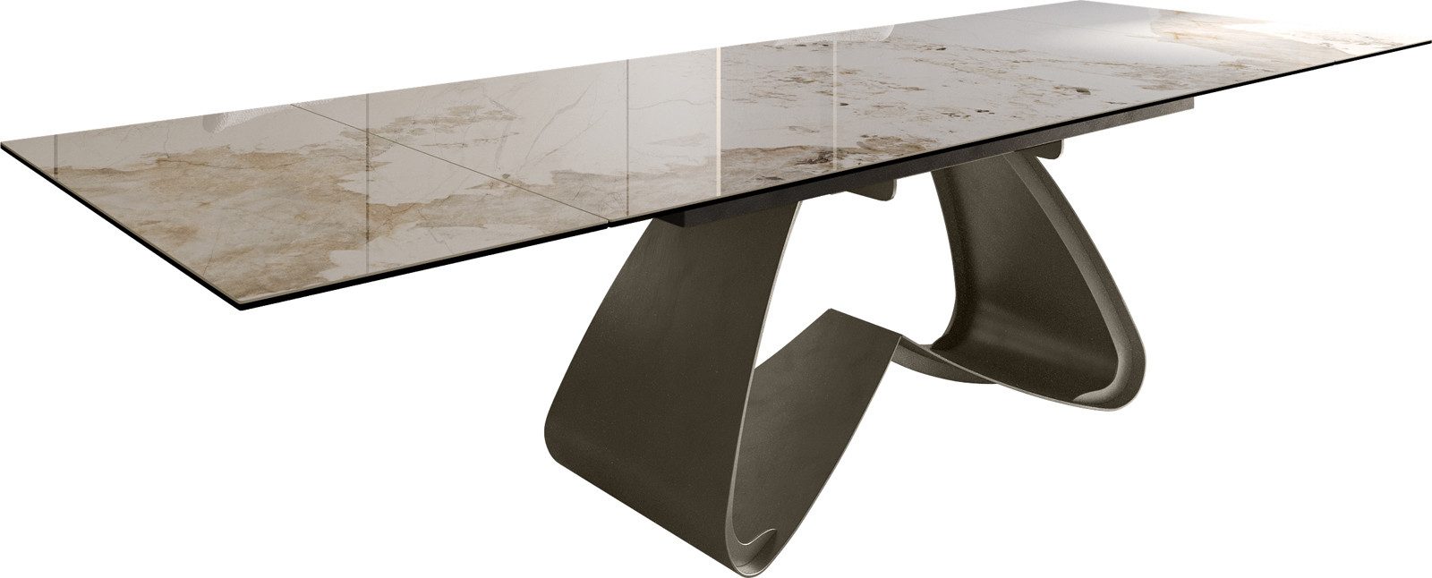 DELIFE Esstisch Edge, Keramik Minas Melange Weiß-Beige 200-300x100 W-Gestell Effektfinish Ti