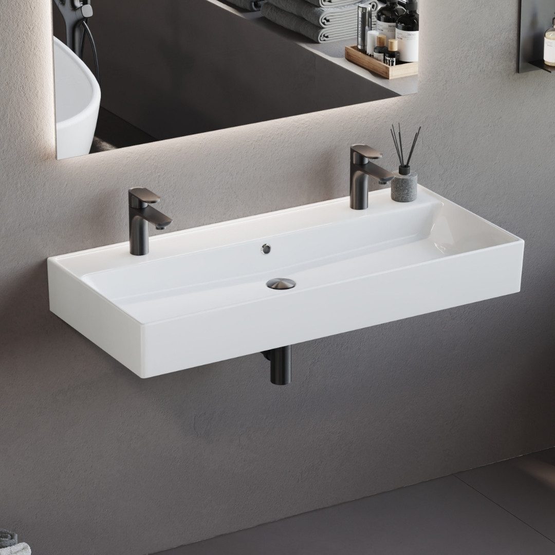 Aqua Bagno Waschbecken Doppwaschbecken 100cm weiß eckig Wandmontage Aufsatz günstig online kaufen