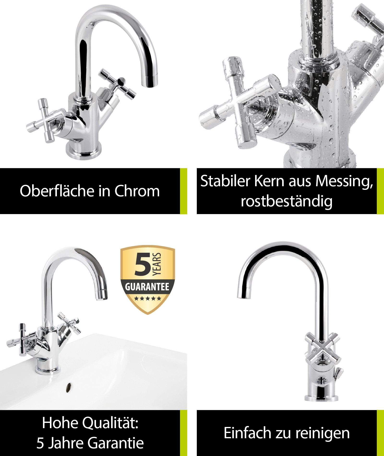aquaSu Waschtischarmatur Sydney Zweigriffmischer, Vintage, Wasserspar-Mischdüse, Chrom