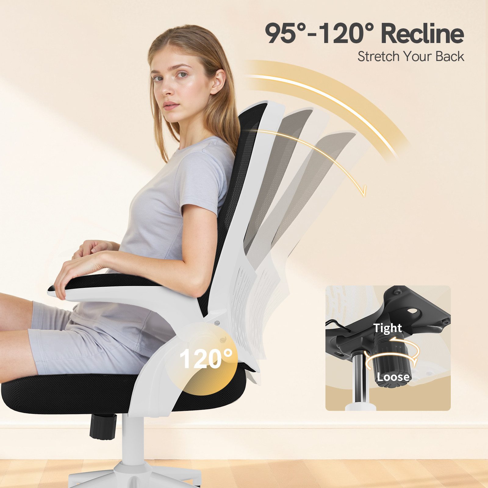 ZAISZE Bürostuhl Ergonomischer Bürostuhl mit 90° Klappmechanismus & Netzfach (Spar-Set), Rückenlehne Unterstützung: 95° - 120° Neigung