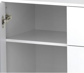 Ulife Sideboard Weißer Beistelltisch mit 2 Spiegeltüren 147,5 x 40 x 102cm (Packung), Mit 6 Glasgriffe in Kristalloptik & 2 durchbrochenen Glasgtüren