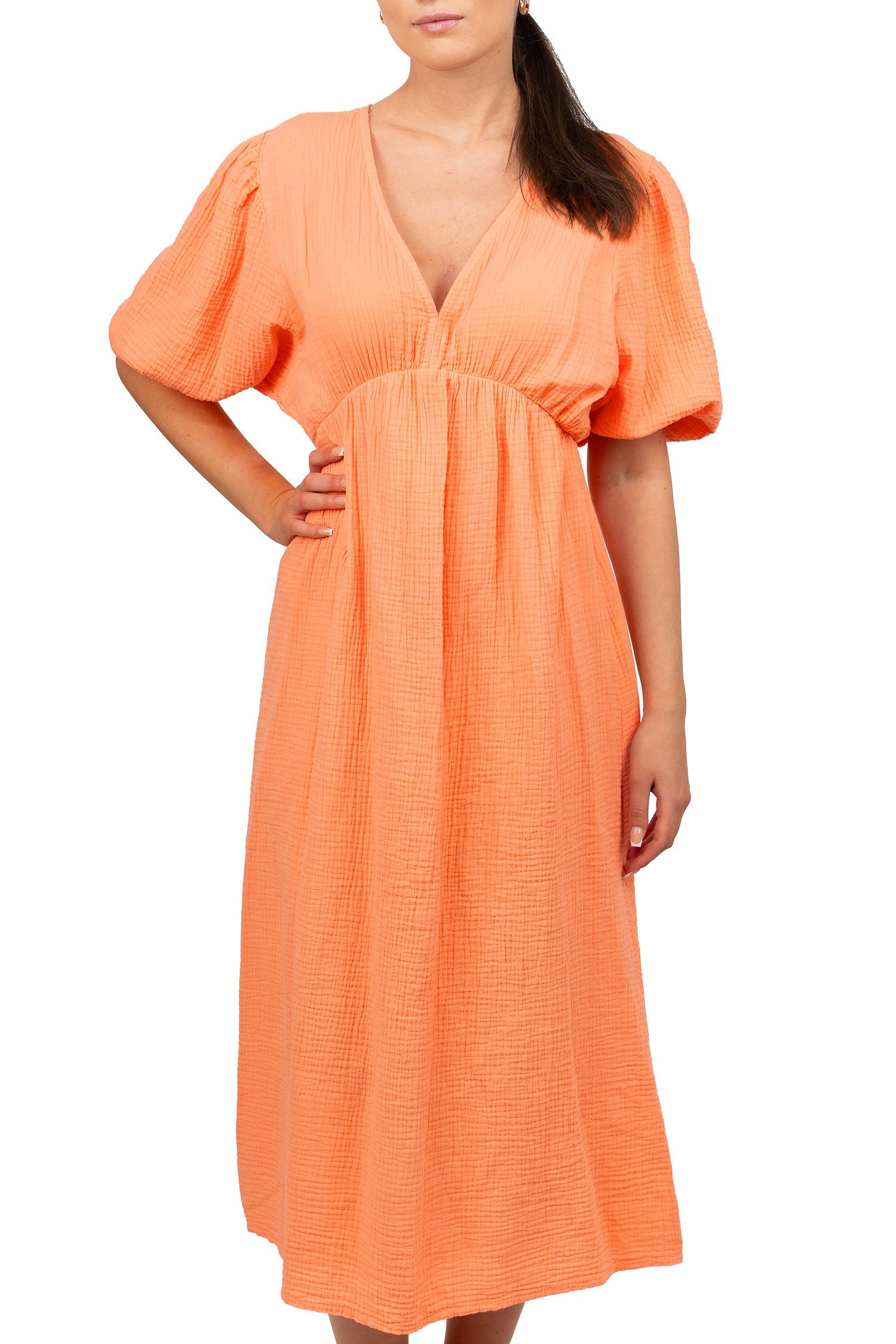 Reichstadt Sommerkleid Damen Musselin 25RSW077 Feminine Puffärmel und Rückenschleife