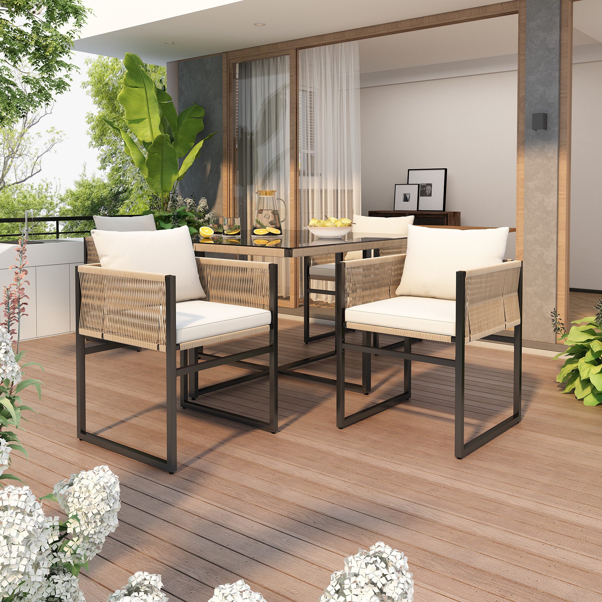 Merax Garten-Essgruppe mit Metallrahmen, Gartenmöbel Set, (5-tlg., 4 Sessel, 1 Esstisch), Gartenmöbel Set Seil, Sitzgruppe mit Kissen, Gartenlounge Set