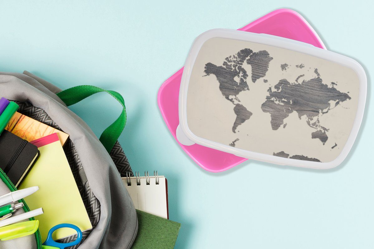 Brotbox - Brotdose - Erwachsene, Lunchbox Kunststoff, (2-tlg), Snackbox, MuchoWow Weltkarte für rosa Kinder, Mädchen, Holz, Grau Kunststoff