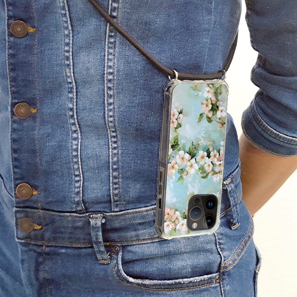 MuchoWow Handyhülle für Apple iPhone 14 Pro Blüte - Blätter - Hellblau, Tragbare Handyhüllen mit Kette zum umhängen, Handykette Handyband
