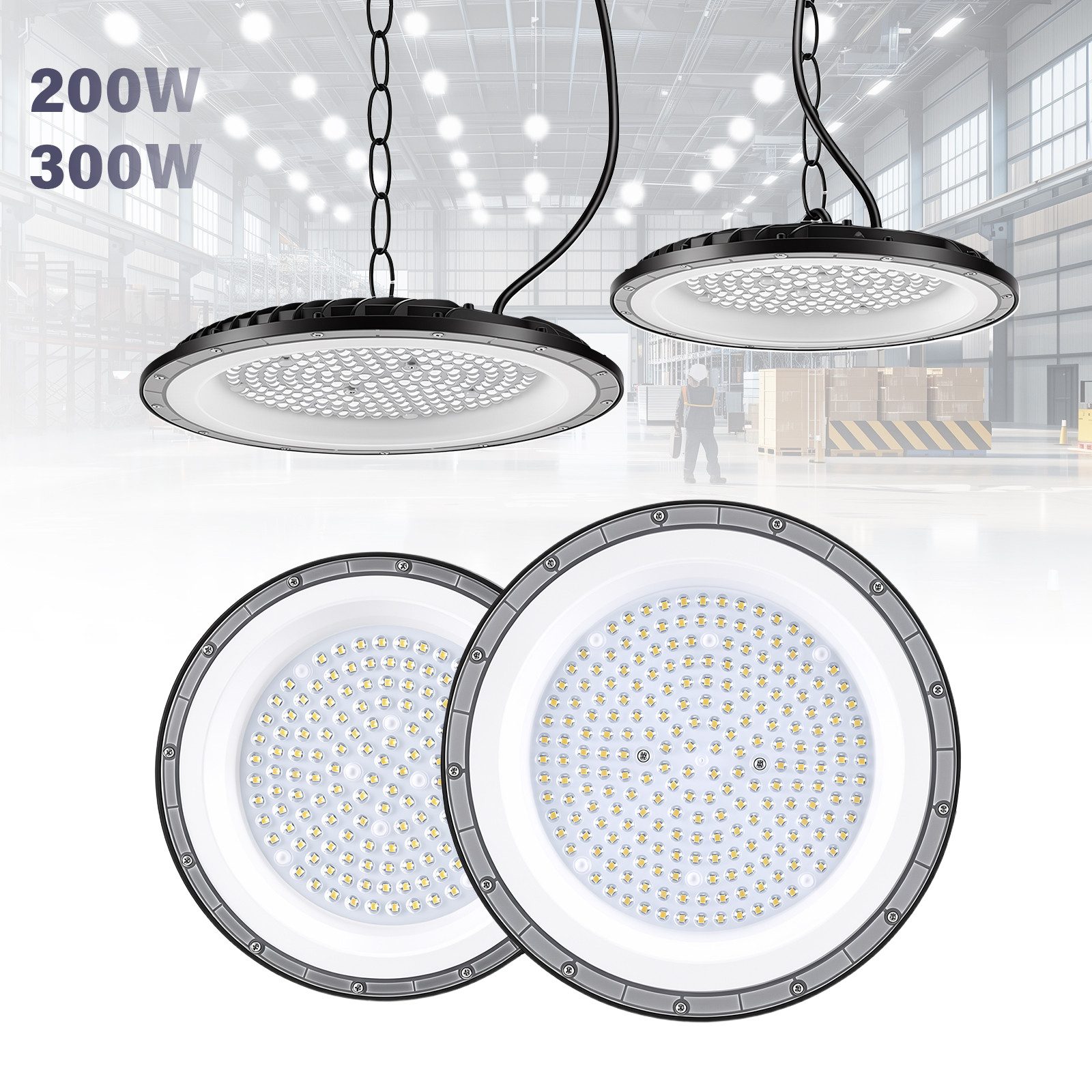 oyajia Deckenleuchte 200W LED Werkstatt Deckenleuchte 36000lm Superhelle UFO-Industrielampe, LED fest integriert, ‎Kaltweiß, 6000K LED-Strahler für Fabriken, Garagen, Lagerhallen, Baustelle