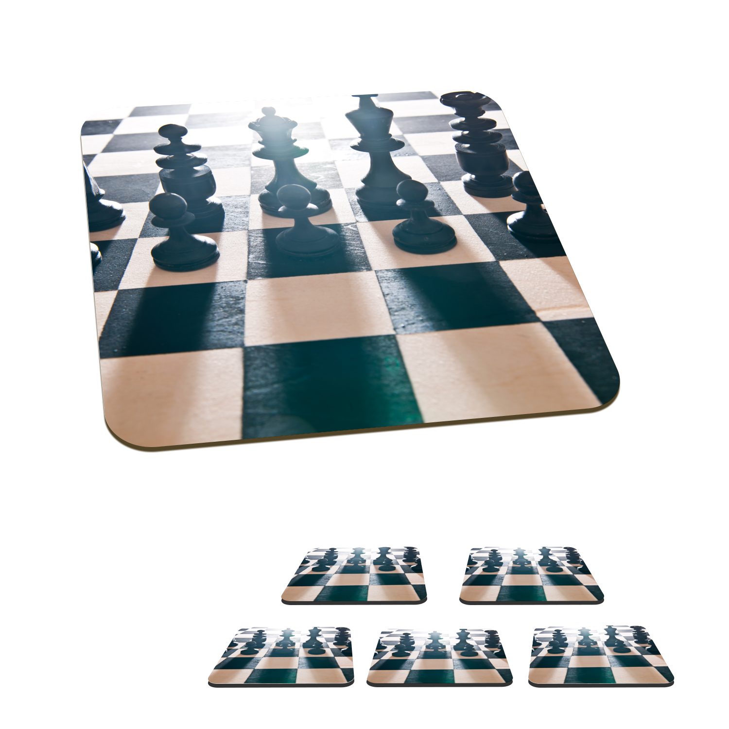 MuchoWow Glasuntersetzer Die schwarzen Schachfiguren auf dem Brett, Zubehör für Gläser, 6-tlg., Glasuntersetzer, Tischuntersetzer, Korkuntersetzer, Untersetzer, Tasse