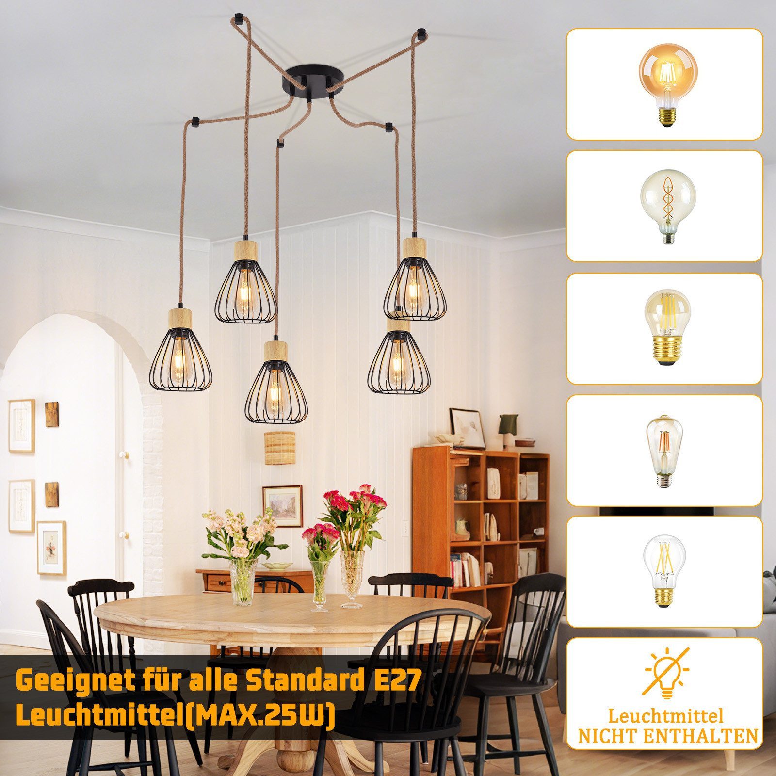 ZMH Pendelleuchte Esszimmer Schwarz Retro Hanfseil aus Holz E27 Hängelampe Treppenhaus, ohne Leuchtmittel
