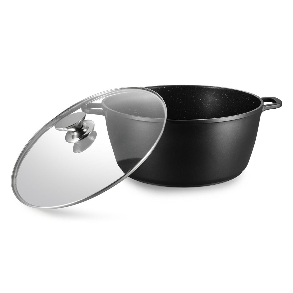 alesvelt Kochtopf Omega Aluminium 2-tlg. mit Deckel schwarz 2,2L - 25L hitzebeständig, Aluminium, Induktion, mit Glasdeckel und Dampfauslass