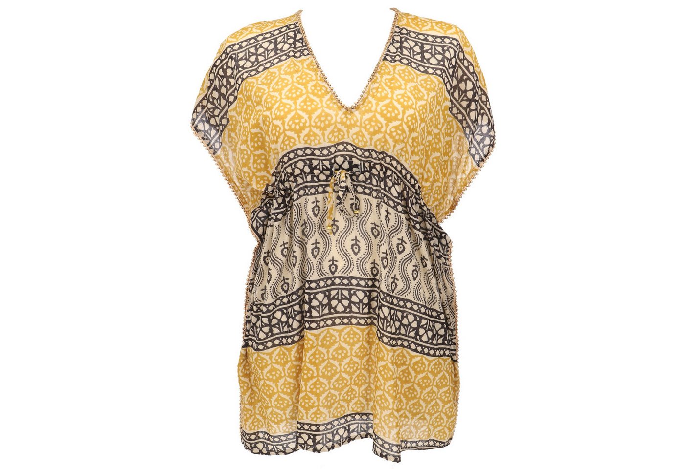 Guru-Shop Longbluse Leichter Kaftan mit Perlenbordüre, Boho XL.. alternative Bekleidung