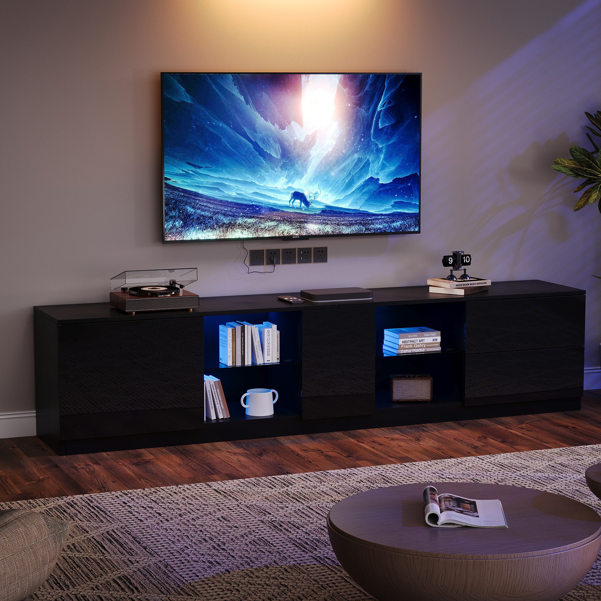 REDOM Lowboard Hochglanz Kommode (Wohnzimmermöbel, Fernsehtisch, TV-Ständer, 1 St., mit LED-Beleuchtung), 160 x 40 x 52 cm, passend für 65" Fernseher