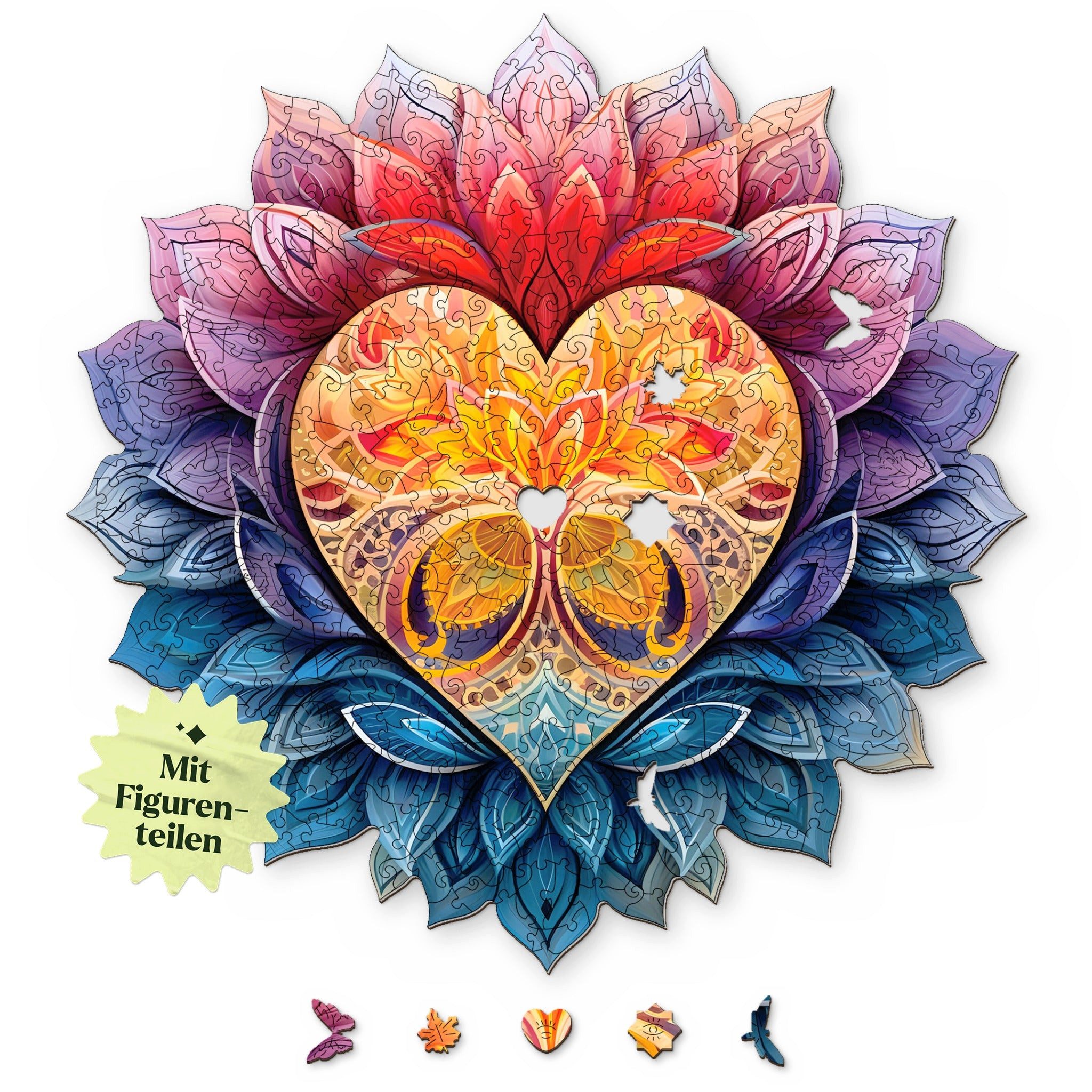 MagicHolz Puzzle Blühendes Herz Mandala aus Holz, 297 Puzzleteile
