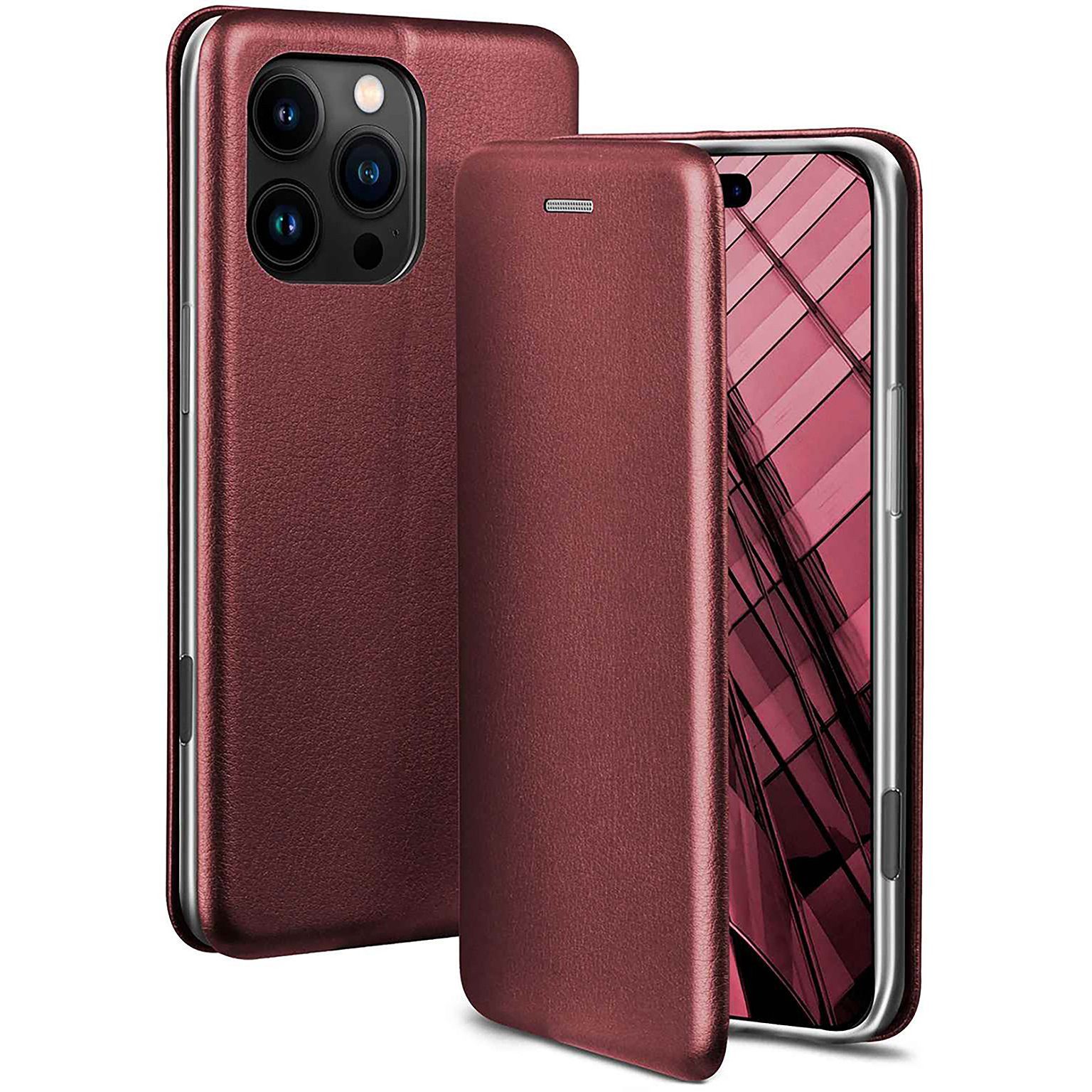 ONEFLOW Handyhülle für iPhone 16 Pro Premium Hülle Business Cover Rot 6,3 Zoll, 360 Grad Schutzhülle Flip Case Etui Klapphülle Dünn Leder Handy Tasche