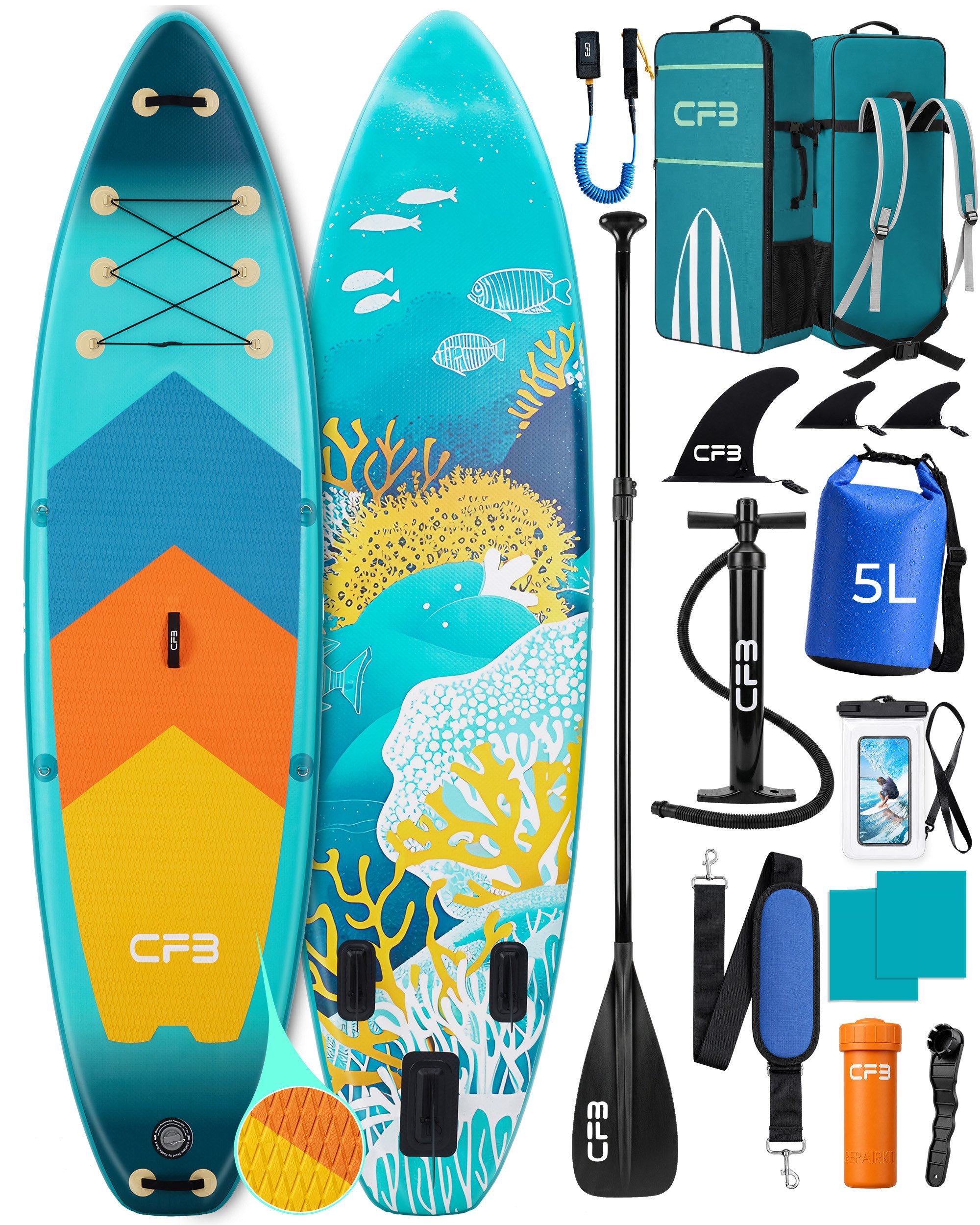 CFB SUP-Board XL 335x86x15 cm, extra breites Stand Up Paddle Board, aufblasbares iSUP, (Komplett-Set, mit Paddel, Pumpe, Rucksack, Leash, Dry Bag, Handyhülle & Schultergurt), 200 kg Traglast, für Anfänger & Erwachsene