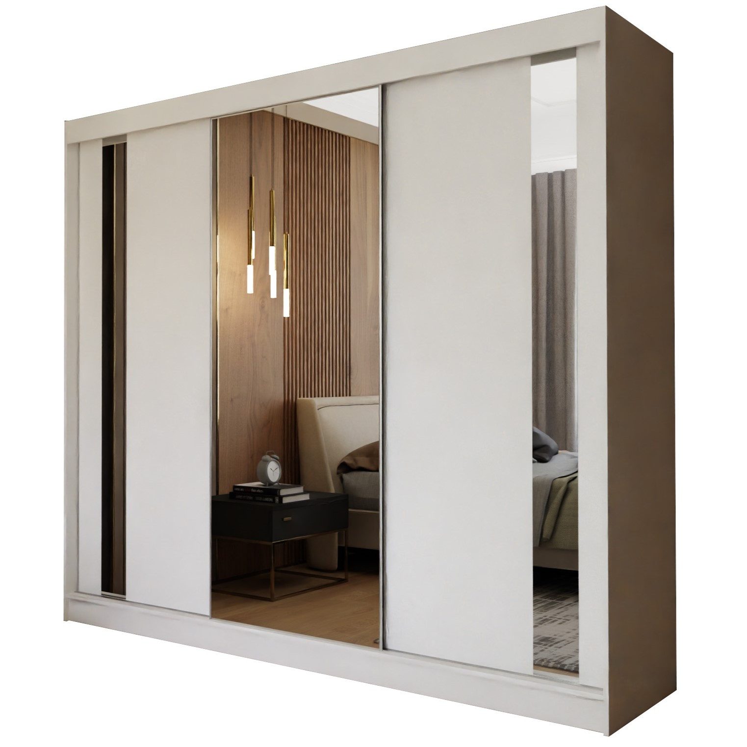 Masseno Schwebetürenschrank GRAZIA 240 cm Kleiderschrank mit Spiegel 3 Türen Weiß