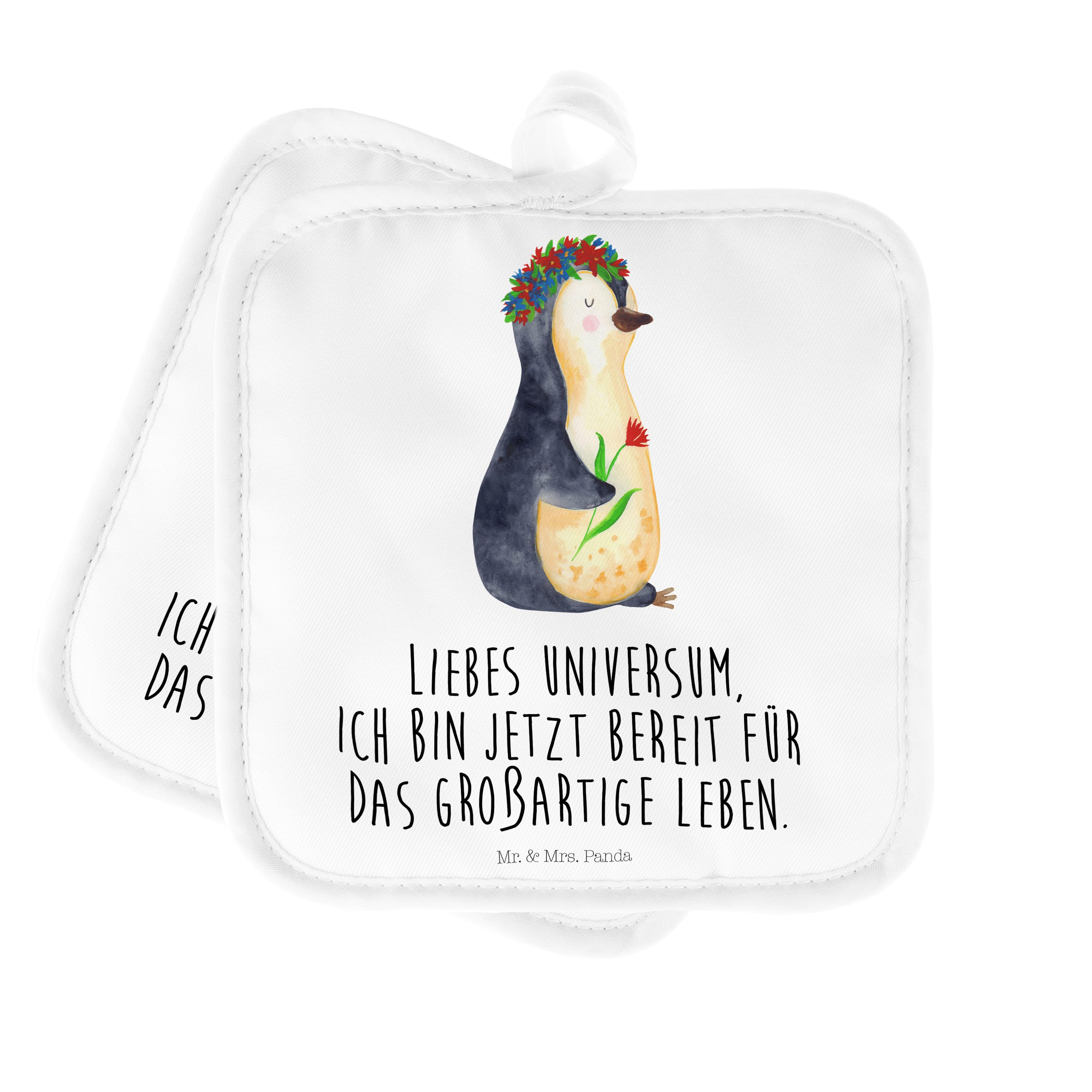 Mr. & Mrs. Panda Topflappen Pinguin Blumenkranz - Weiß - Geschenk, Topflappen lustig, Topfunterse, (1-tlg)