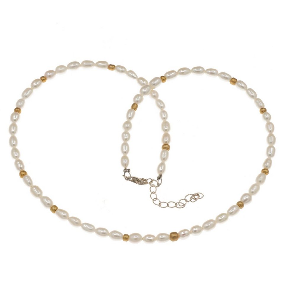 Bella Carina Perlenkette Kette mit echten Süßwasser Zuchtperlen in Reiskorn  Form mit goldfarbenen Perlen 42 – 47 cm, mit echten Zuchperlen