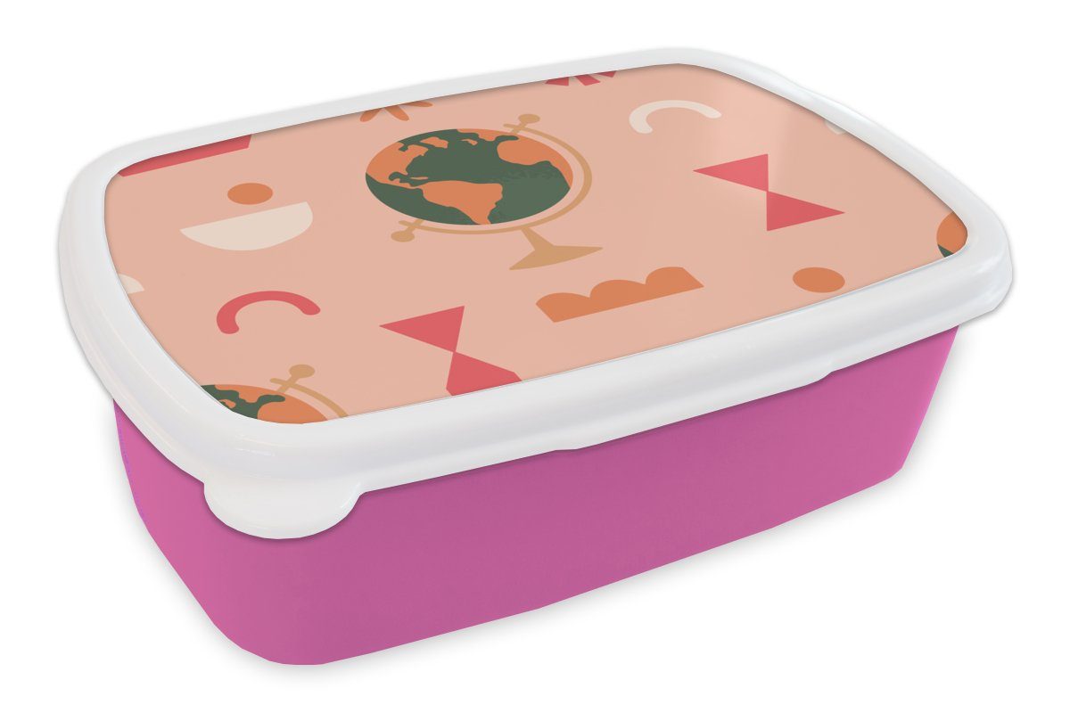 MuchoWow Lunchbox Weltkugel - Rosa - Abstrakt, Kunststoff, (2-tlg), Brotbox für Erwachsene, Brotdose Kinder, Snackbox, Mädchen, Kunststoff