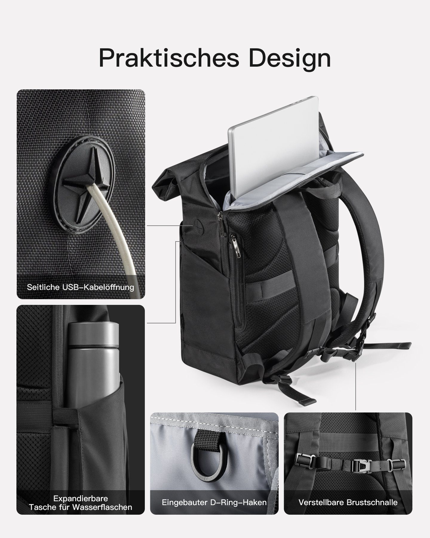 Inateck RollTop Laptop Backpack 25L-30L, Daypack compatible with 17-inch laptops, with headphone/charging port and separate shoe compartment