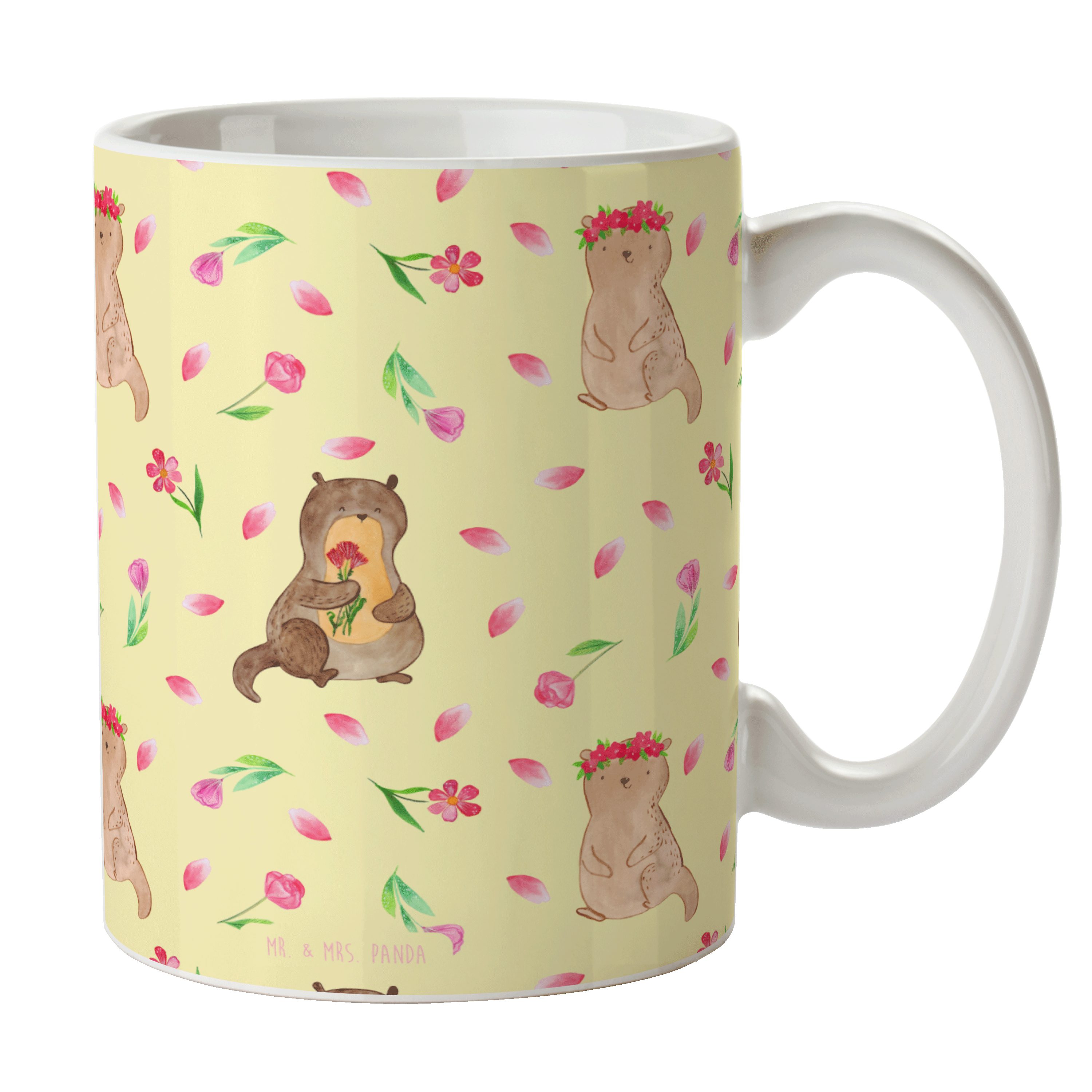 Mr. & Mrs. Panda Tasse Otter Blumenstrauß - Gelb - Geschenk, Geschenk Tasse, Seeotter, süß, Keramik