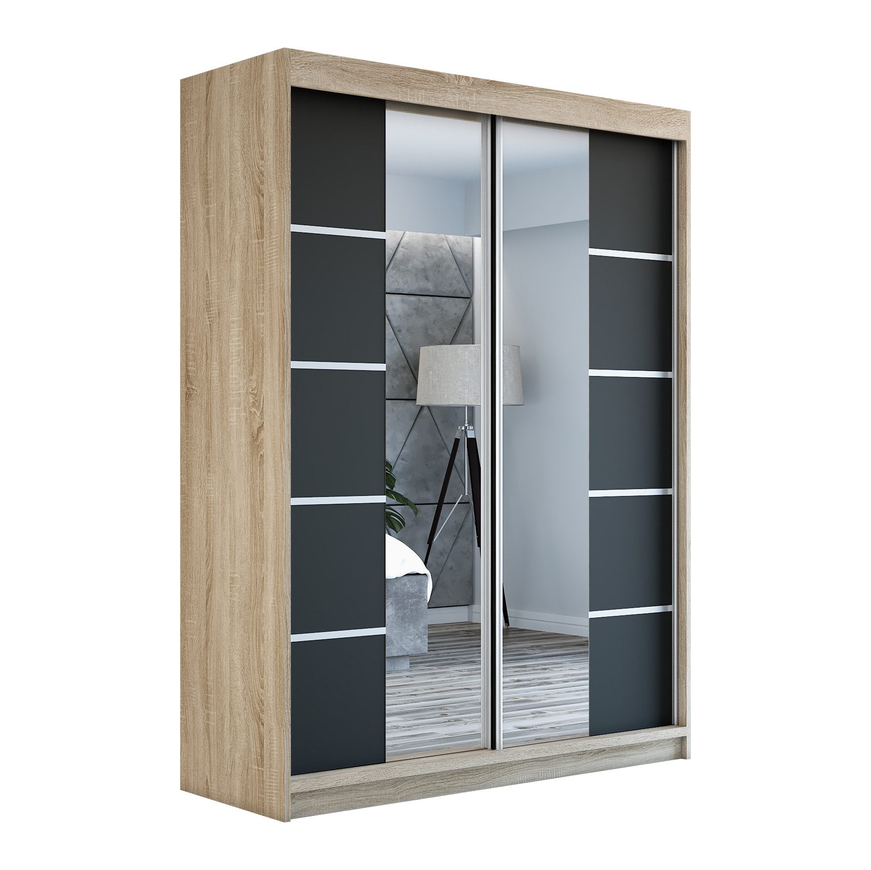 A&J MöbelLand GmbH Schiebetürenschrank ERA mit Spiegel. (TOP ANGEBOT! Geräumiger Schrank mit viel Stauraum:6 Regalen und 1 Kleiderstange – -ideal zur Aufbewahrung von Kleidung und Accessoires. TOP PRODUKT! Farbe und Größe (120 cm, 160 cm, 180 cm) zur Auswahl -wählen Sie das ideale Modell für Ihr Schlafzimmer!, Kleiderschrank mit Regalen) Breite: 120 cm, 140 cm, 160 cm, Höhe: 215 cm, Tiefe: 59,5 cm