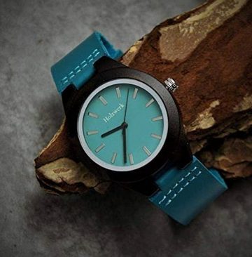 Holzwerk Quarzuhr FALKENSEE kleine Damen Leder & Holz Armband Uhr, türkis blau & schwarz