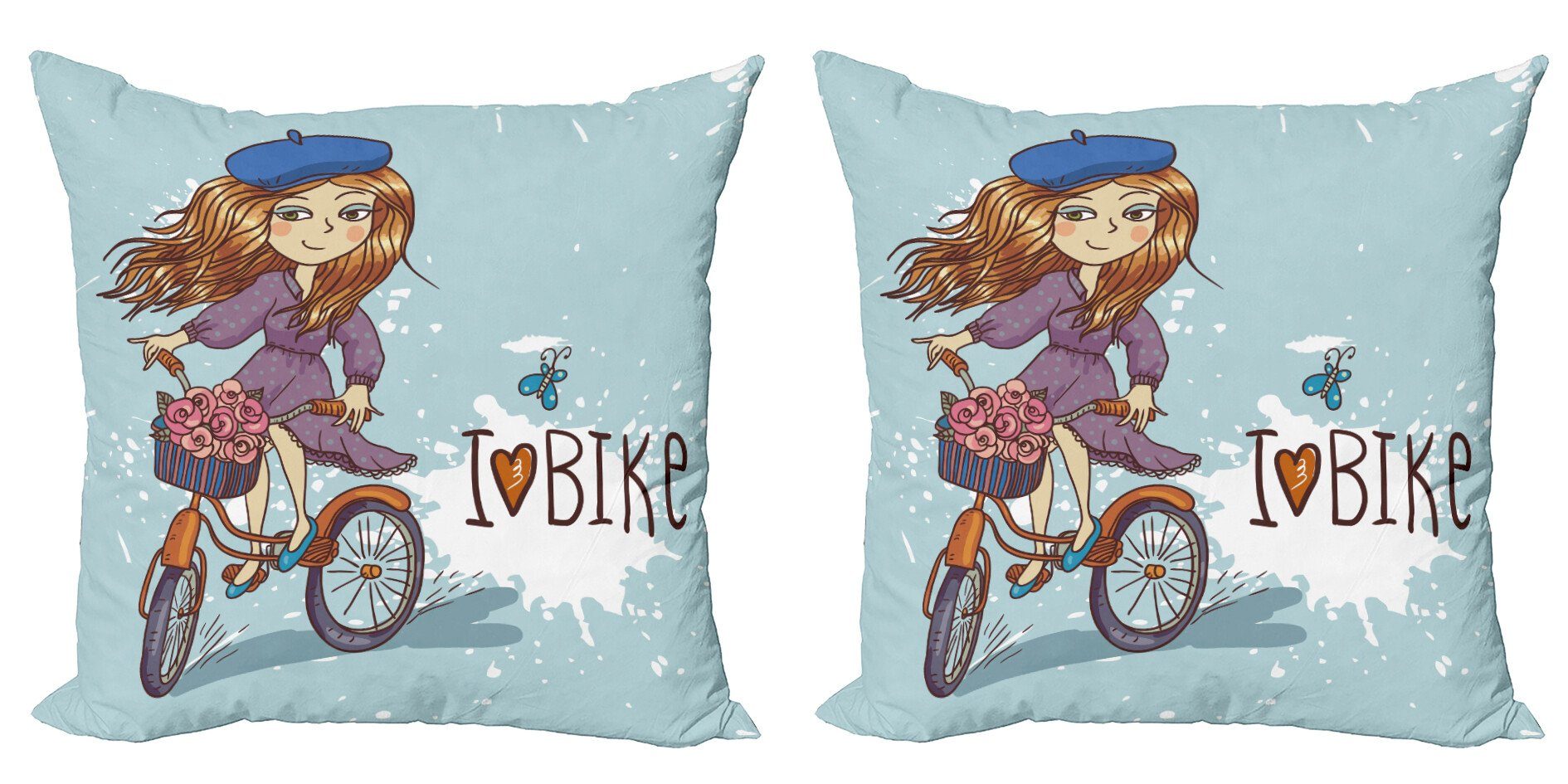 Kissenbezüge Modern Accent Doppelseitiger Digitaldruck, (2 Abakuhaus Stück), Karikatur-Mädchen Retro mit Fahrrad