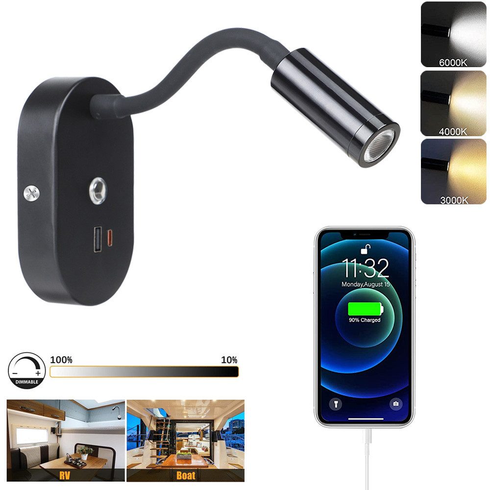 Rosnek LED Leselampe LED-Leseleuchte mit 3 Lichtmodi & gezieltem Licht, dimmbare, Wandlampe mit Schwanenhals, 3 Lichtfarben, für Wohnmobil & Boot