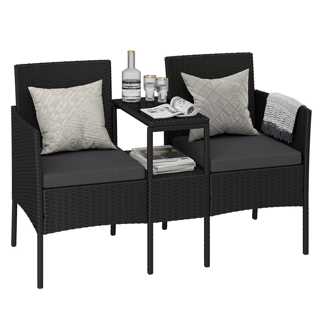 STEELSØN Balkonset Velara 2er Sofa mit Mitteltisch & Sitzpolstern, (schwarz/anthrazit), Rattan Gartenbank, stabiles Stahlgestell, wetterfest & pfegeleicht