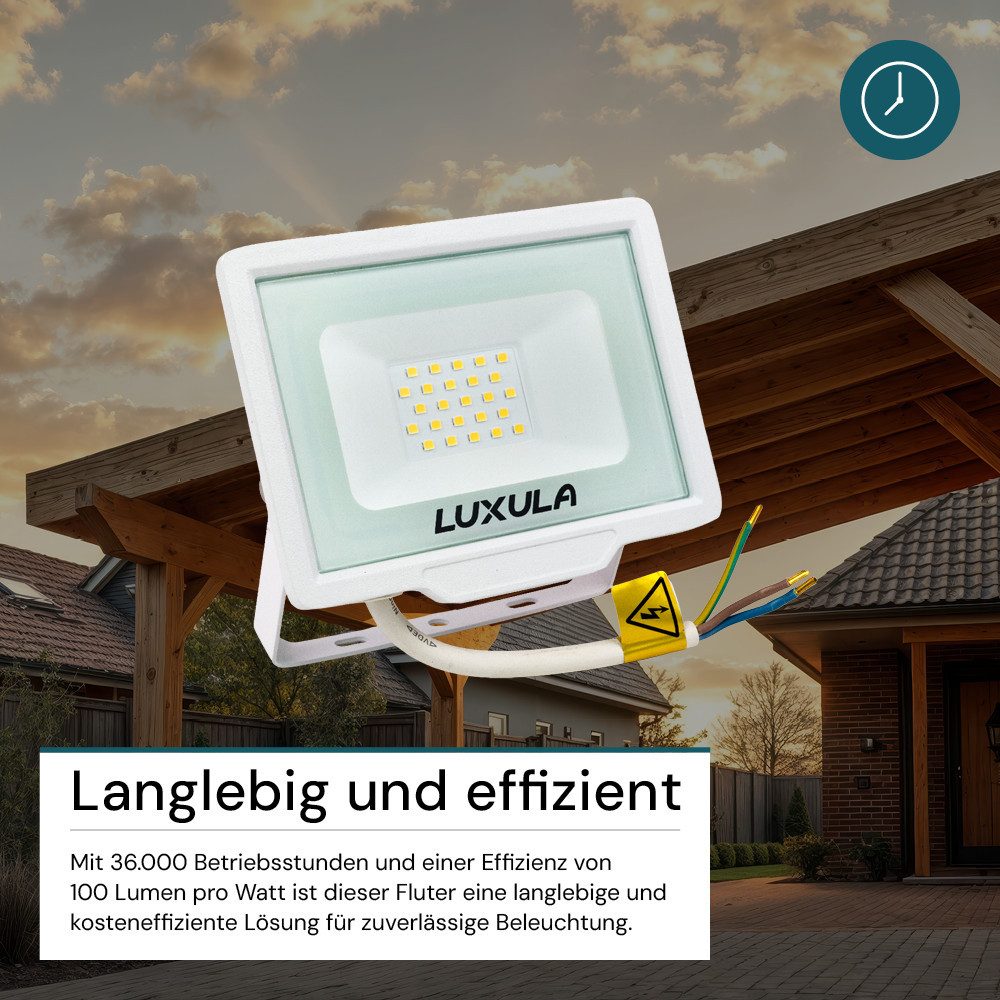 LUXULA LED Flutlichtstrahler LED-Fluter, 20 W, 3000 K (warmweiß), 2000 lm, weiß, IP65, LED fest integriert, Warmweiß