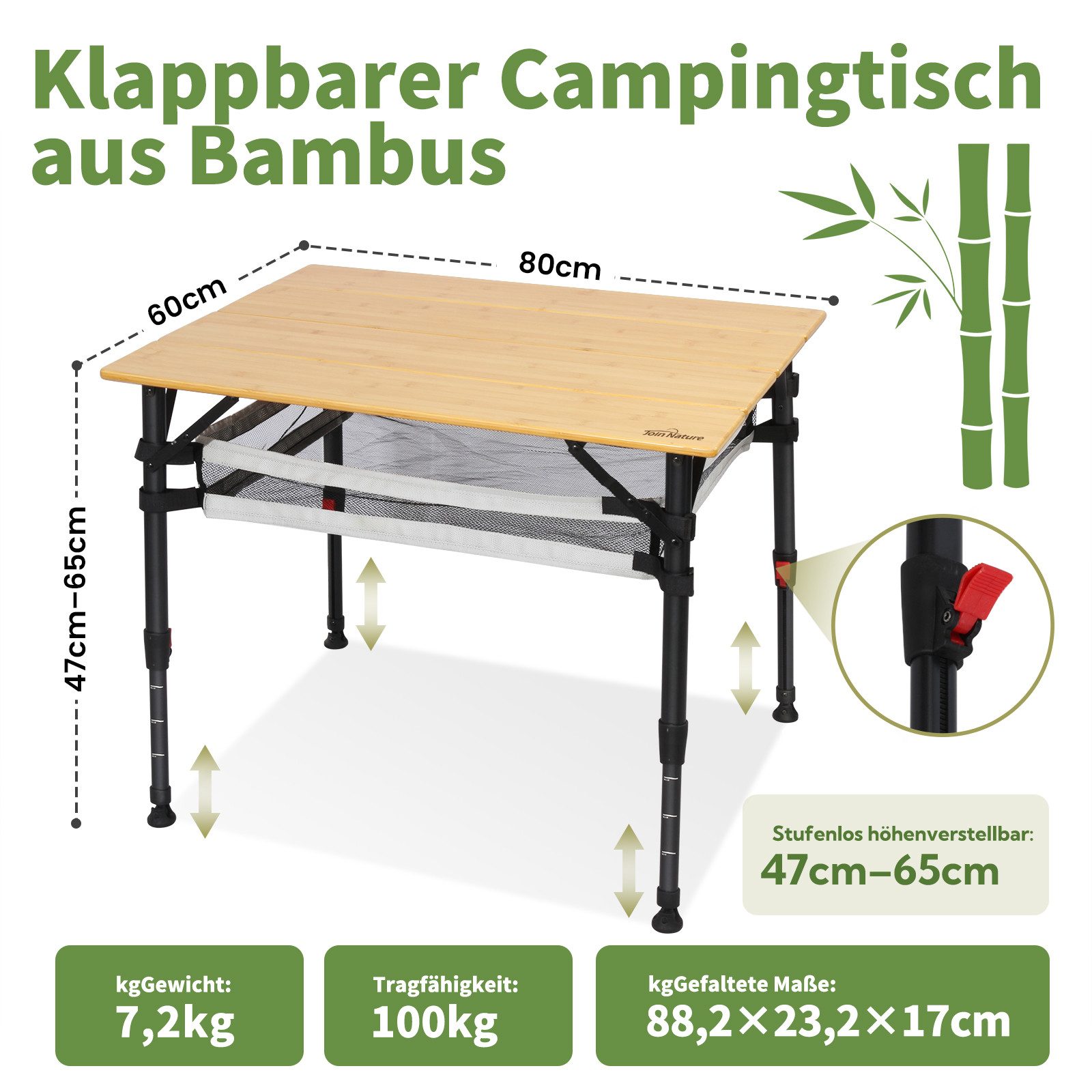 HOMECALL Klapptisch Bambus Camping-Klapptisch höhenverstellbar 47–65 cm (natürliche Bambus-Tischplatte, Aluminiumrahmen, abnehmbares Netzfach, tragbarer Outdoor-Picknicktisch)