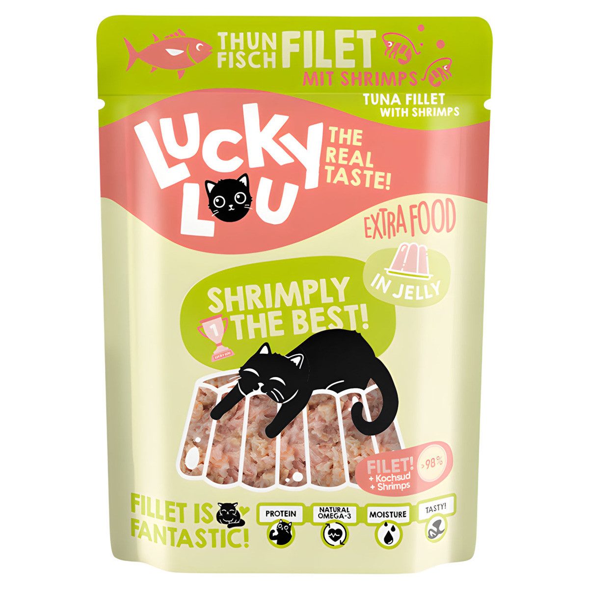 Lucky Lou Extra Food Thunfisch + Shrimps in Gelee 70 g, Nassfutter für: Katze