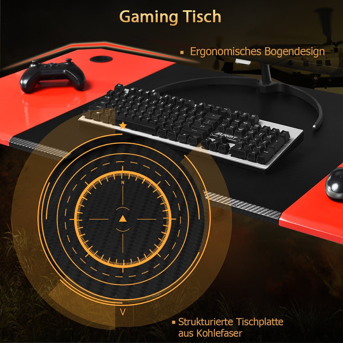 COSTWAY Gamingtisch, 120cm, mit praktischen Becherhalter, Haken & 2 Ständern