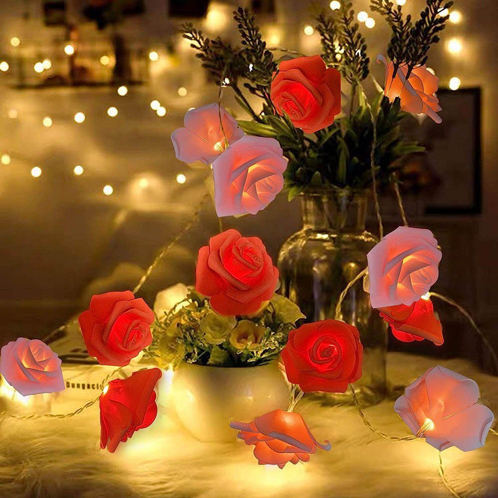 LED 3M Warmweiß,Batterie, 20LEDs Girlande,Kunstblume Rot Rosa LED-Lichterkette Weihnachten,Blumengirlande Nachtlicht Dekolicht Party Rose MUPOO Garten Rose,LED für